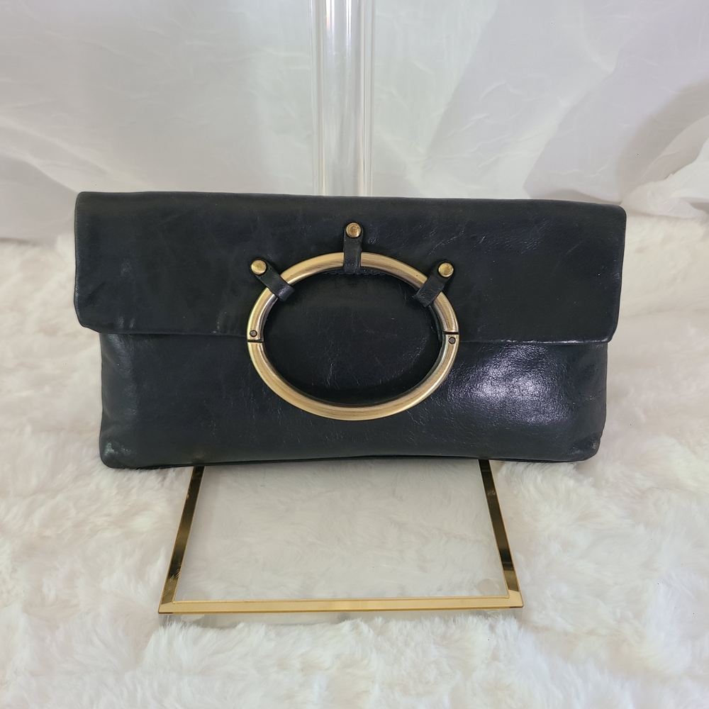 Black Leather Fold-Over Clutch with Vintage Gold Ring Handle